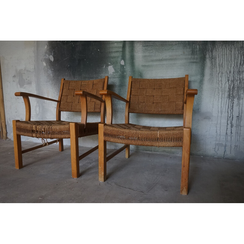 Pair of Vintage Beechwood & Sea Grass Webbing Armchairs by Frits Schlegel for Fritz Hansen, 1940s