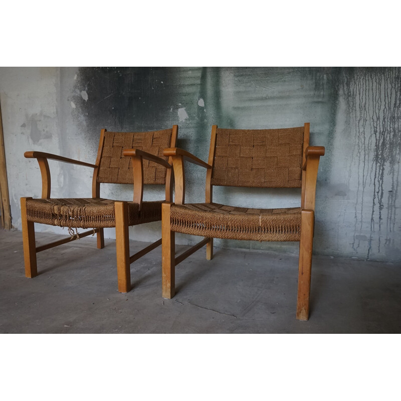 Paire de fauteuils vintage en bois de hêtre et en sangle d'algues par Frits Schlegel pour Fritz Hansen, 1940