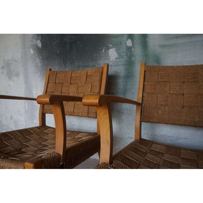 Pair of Vintage Beechwood & Sea Grass Webbing Armchairs by Frits Schlegel for Fritz Hansen, 1940s