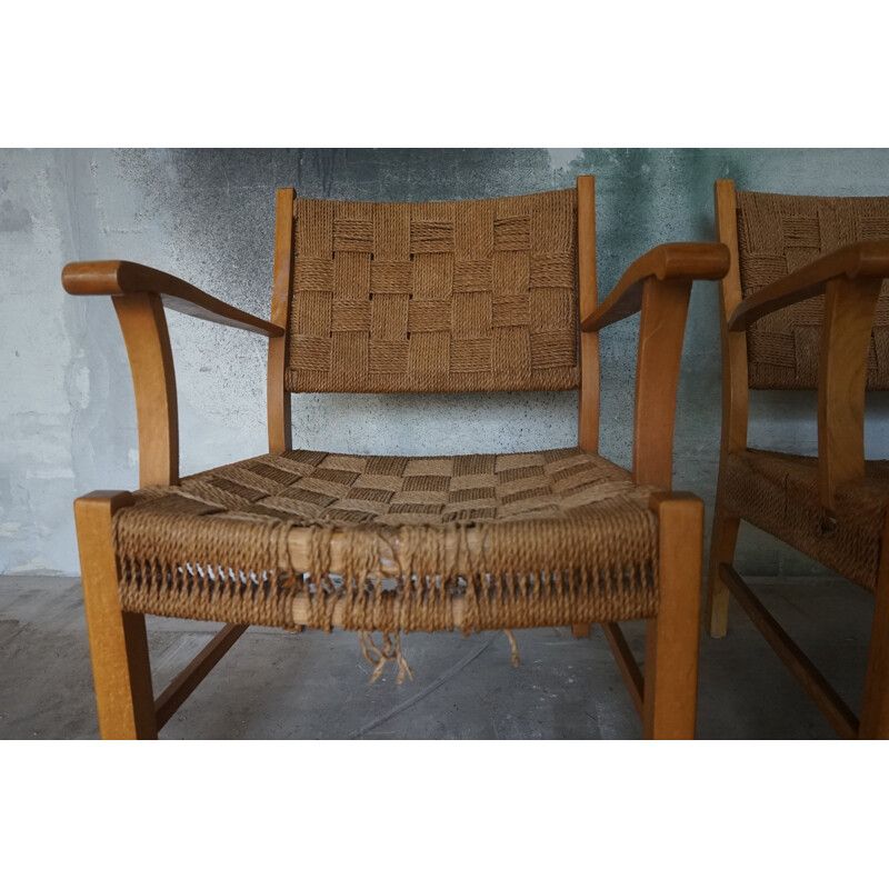 Pair of Vintage Beechwood & Sea Grass Webbing Armchairs by Frits Schlegel for Fritz Hansen, 1940s
