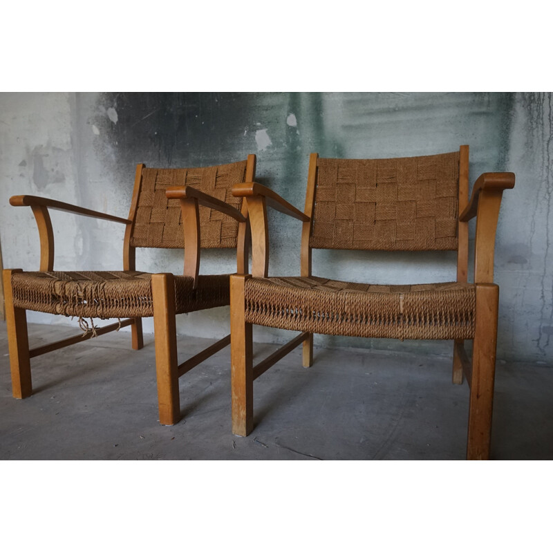 Pair of Vintage Beechwood & Sea Grass Webbing Armchairs by Frits Schlegel for Fritz Hansen, 1940s