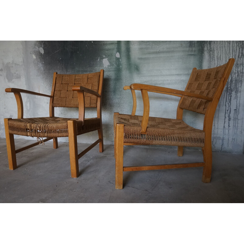 Pair of Vintage Beechwood & Sea Grass Webbing Armchairs by Frits Schlegel for Fritz Hansen, 1940s