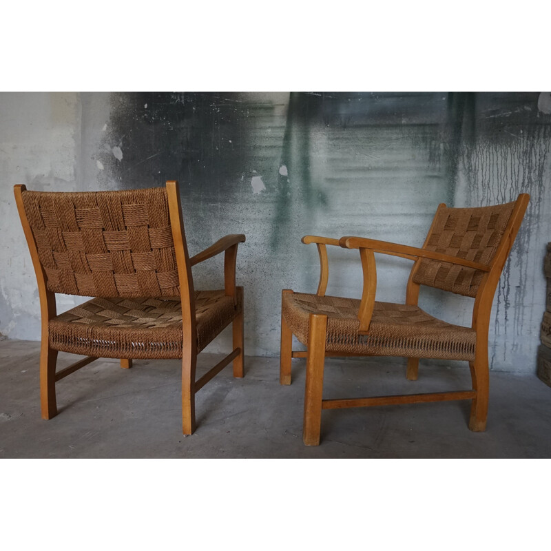 Pair of Vintage Beechwood & Sea Grass Webbing Armchairs by Frits Schlegel for Fritz Hansen, 1940s