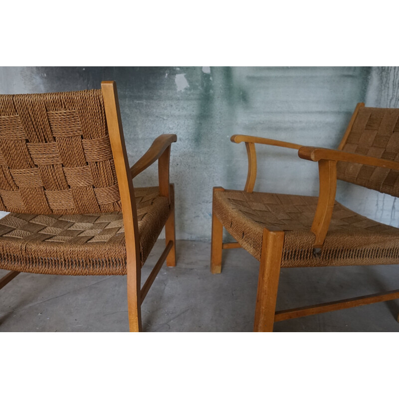 Pair of Vintage Beechwood & Sea Grass Webbing Armchairs by Frits Schlegel for Fritz Hansen, 1940s