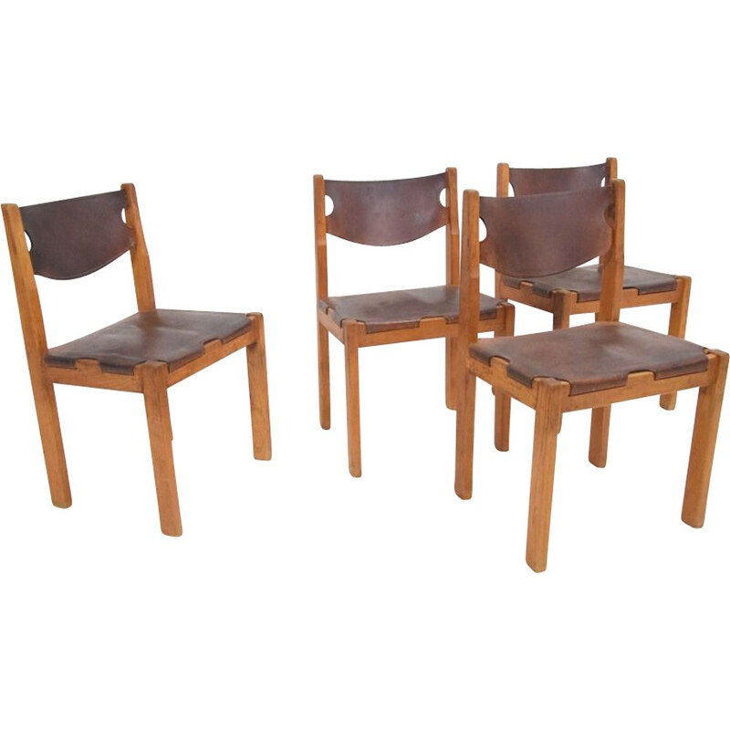Set of 4 vintage minimalist leather chairs 1870s