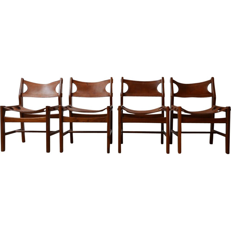 Lot de 4 chaises vintage en cuir Sergio Rodrigues, Espagne 1960