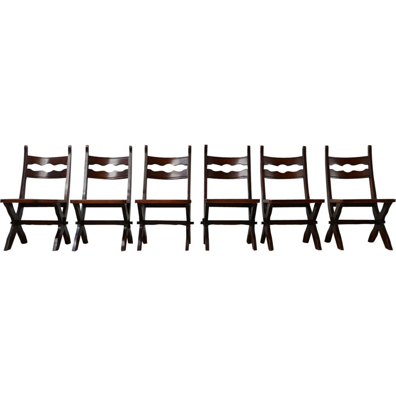 Ensemble de 6 chaises vintage en bois teinté brutaliste, Belgique 1980