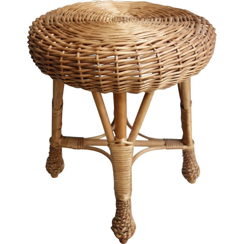 Vintage Wicker rattan round low stool