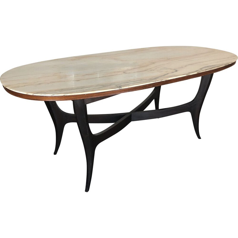 Vintage wood and white marble oval dining table, Italian 1950s