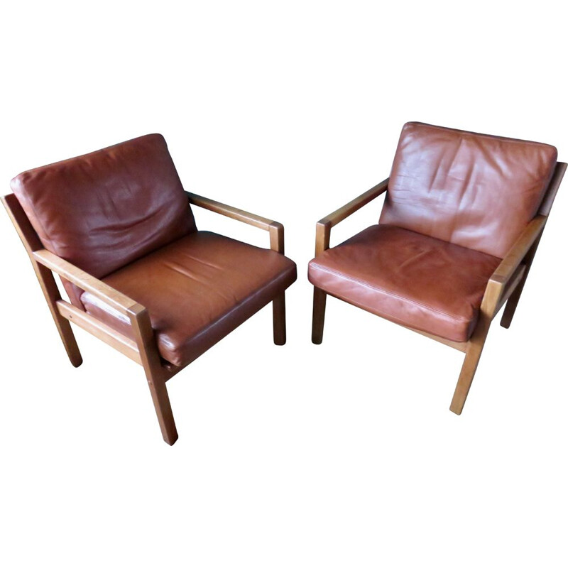 Pair of vintage oak armchairs with tan leather cushions, Denmark 1960