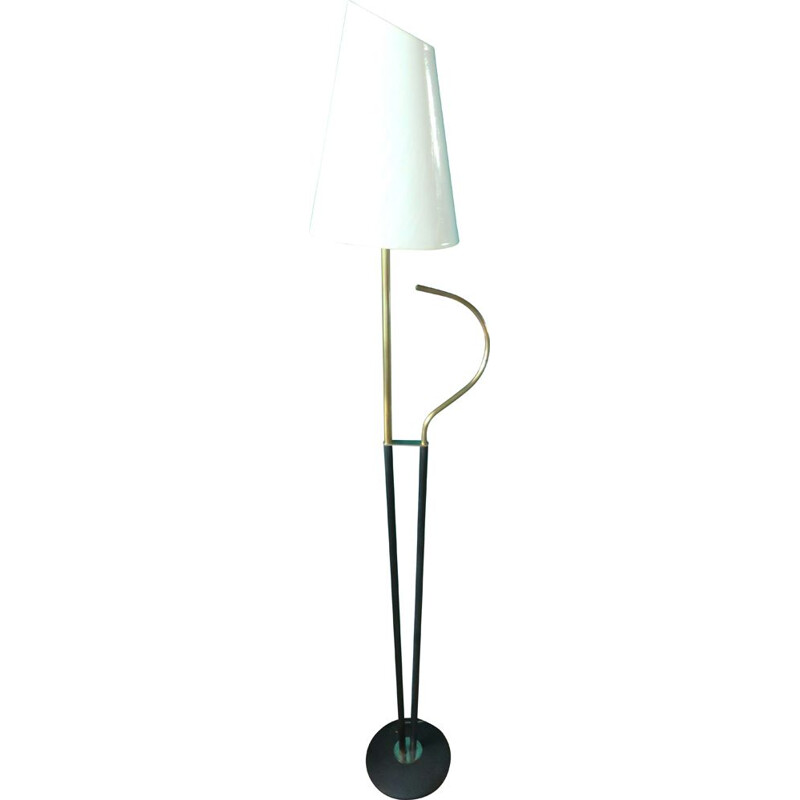 Vintage modernist brass and black steel floor lamp, France 1950s