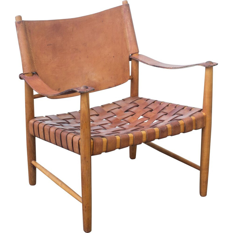 Vintage Cognac Leather Safari Chair, Danish 1950s