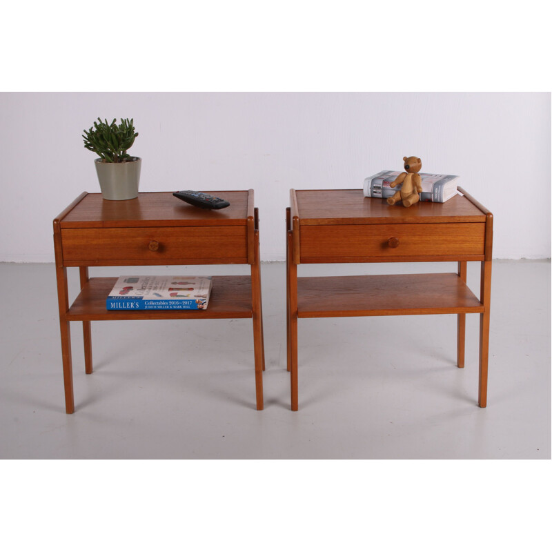 Pair of vintage teak wooden bedside tables with wooden knob Danish 1960s