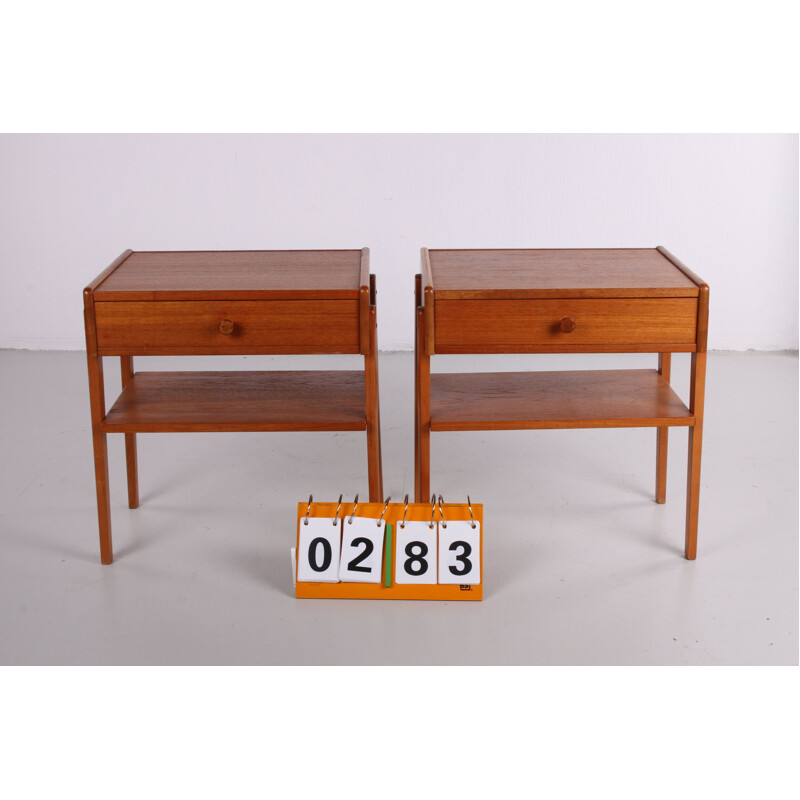 Pair of vintage teak wooden bedside tables with wooden knob Danish 1960s