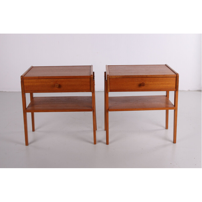 Pair of vintage teak wooden bedside tables with wooden knob Danish 1960s