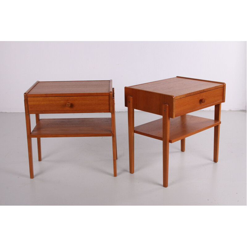 Pair of vintage teak wooden bedside tables with wooden knob Danish 1960s