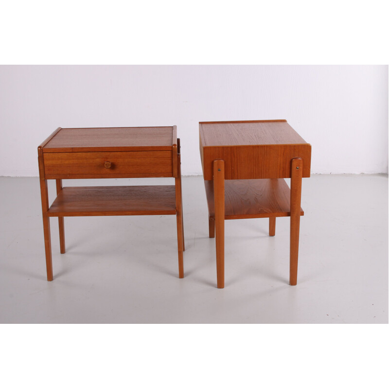 Pair of vintage teak wooden bedside tables with wooden knob Danish 1960s