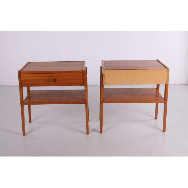 Pair of vintage teak wooden bedside tables with wooden knob Danish 1960s