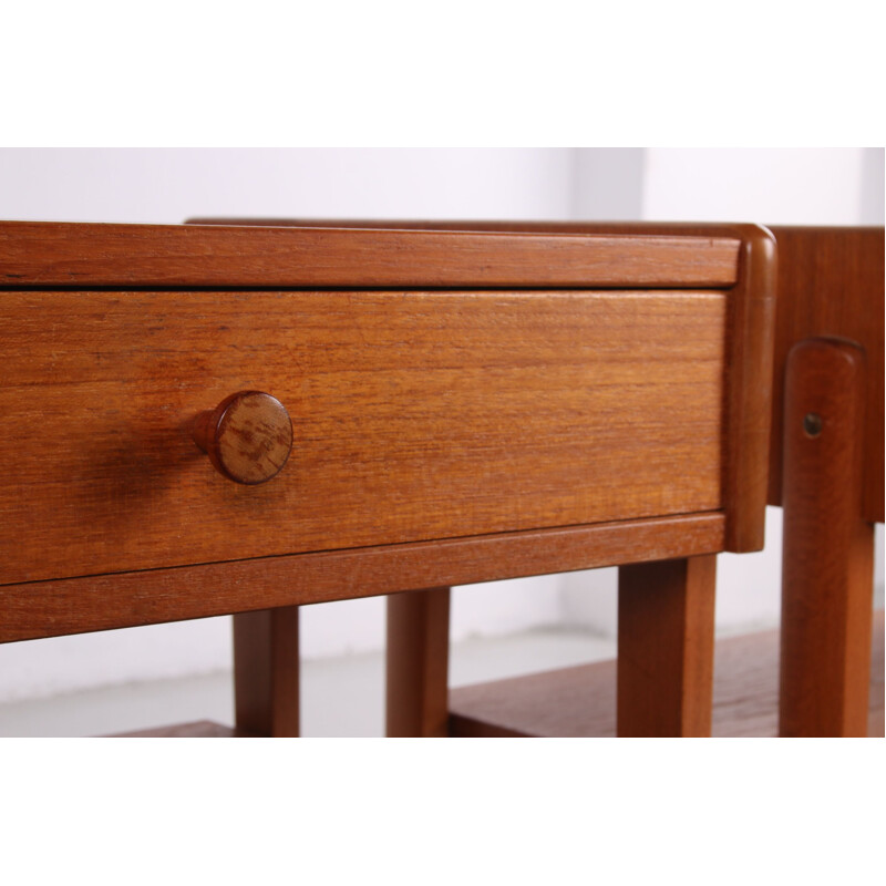 Pair of vintage teak wooden bedside tables with wooden knob Danish 1960s