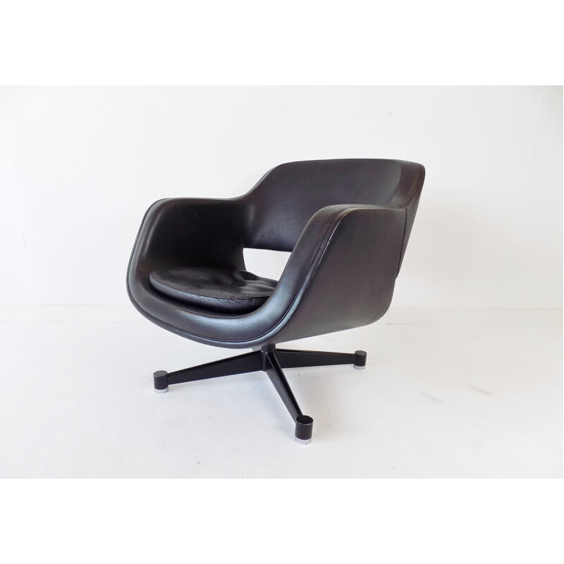 Vintage Asko Oy black leather armchair by Eero Aarnio