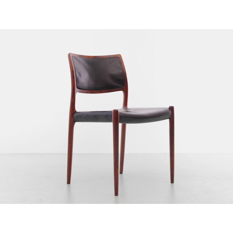 Suite of 6 vintage leather and rosewood chairs model N 80 by Niels Moller