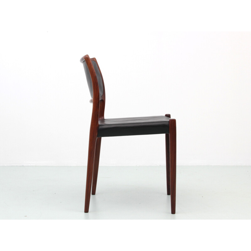 Suite of 6 vintage leather and rosewood chairs model N 80 by Niels Moller