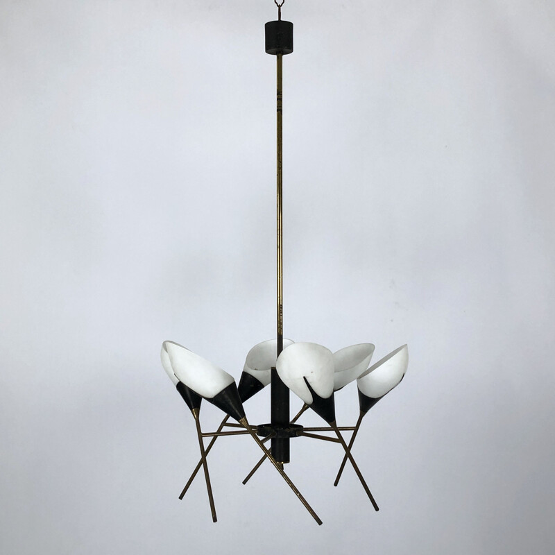 Vintage brass six-arm chandelier by Stilnovo, Italy 1950