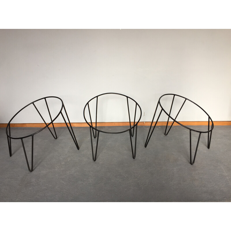 Set of 3 armchairs in rattan and metal - 1950s