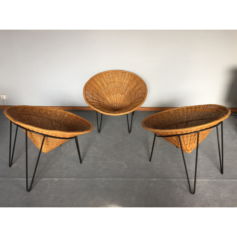 Set of 3 armchairs in rattan and metal - 1950s