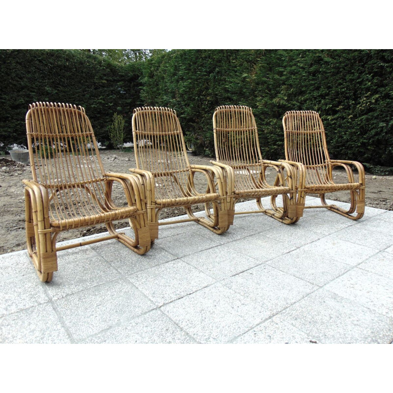 Ensemble de 4 fauteuils vintage en bambou 1970