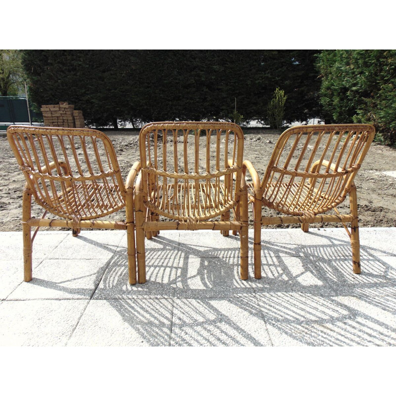 Ensemble de 3 fauteuils vintage en bambou 1970