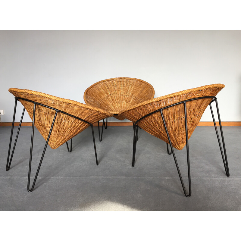 Set of 3 armchairs in rattan and metal - 1950s