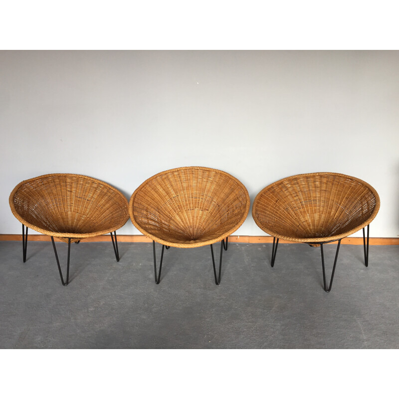 Set of 3 armchairs in rattan and metal - 1950s