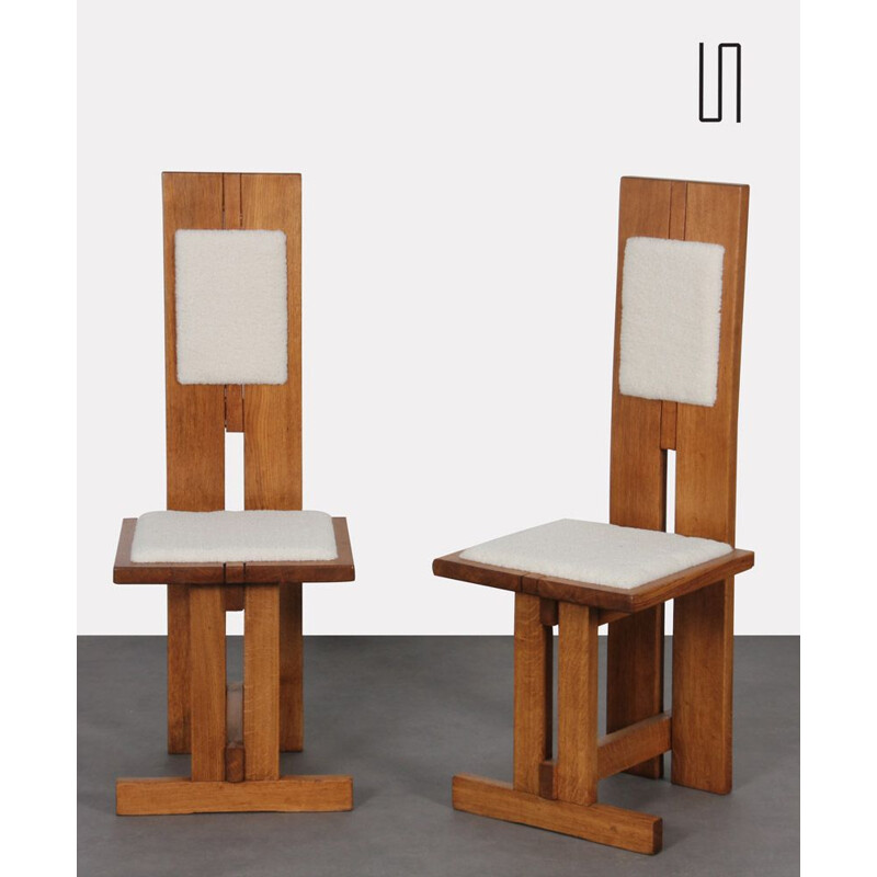 Pair of vintage high chairs in wood and lambskin, Czech 1950s