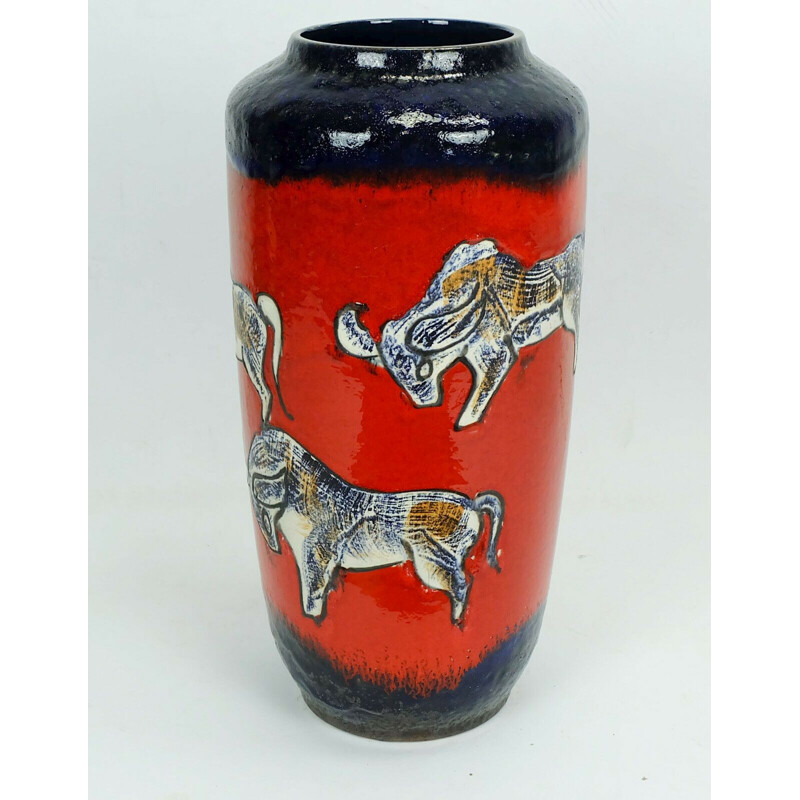 Vintage floorvase model 517-50 red and blue with bull motifs by Scheurich Keramik 1960s