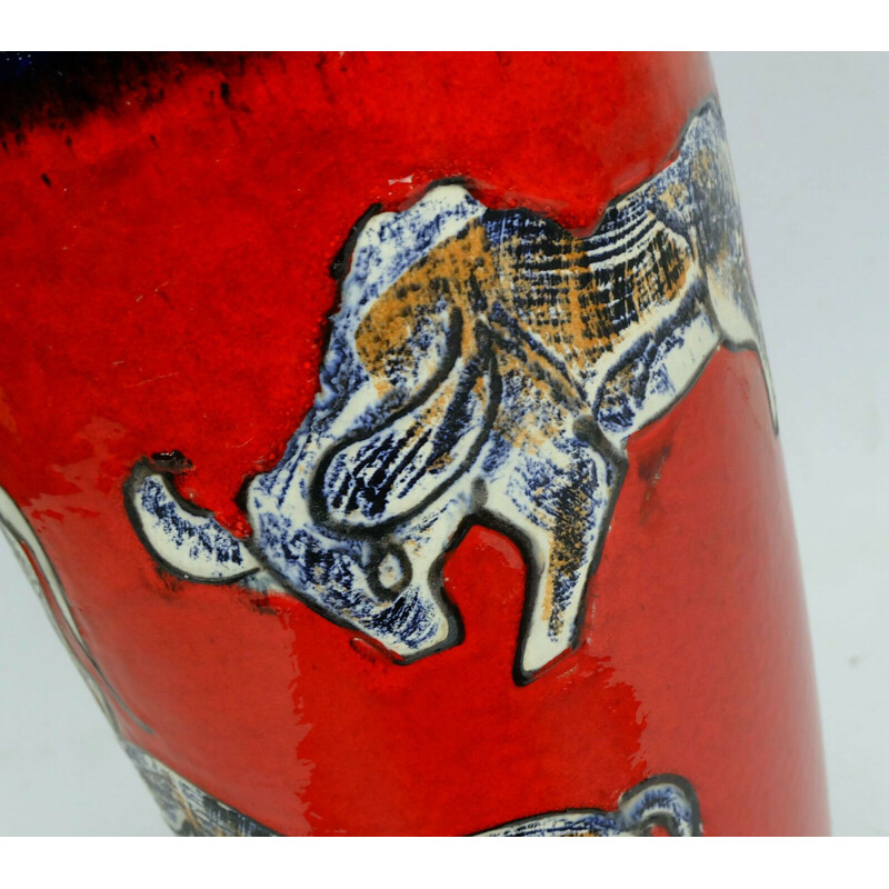 Vase de sol vintage modèle 517-50 rouge et bleu avec des motifs de taureaux par Scheurich Keramik 1960s