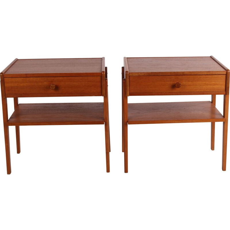 Pair of vintage teak wooden bedside tables with wooden knob Danish 1960s