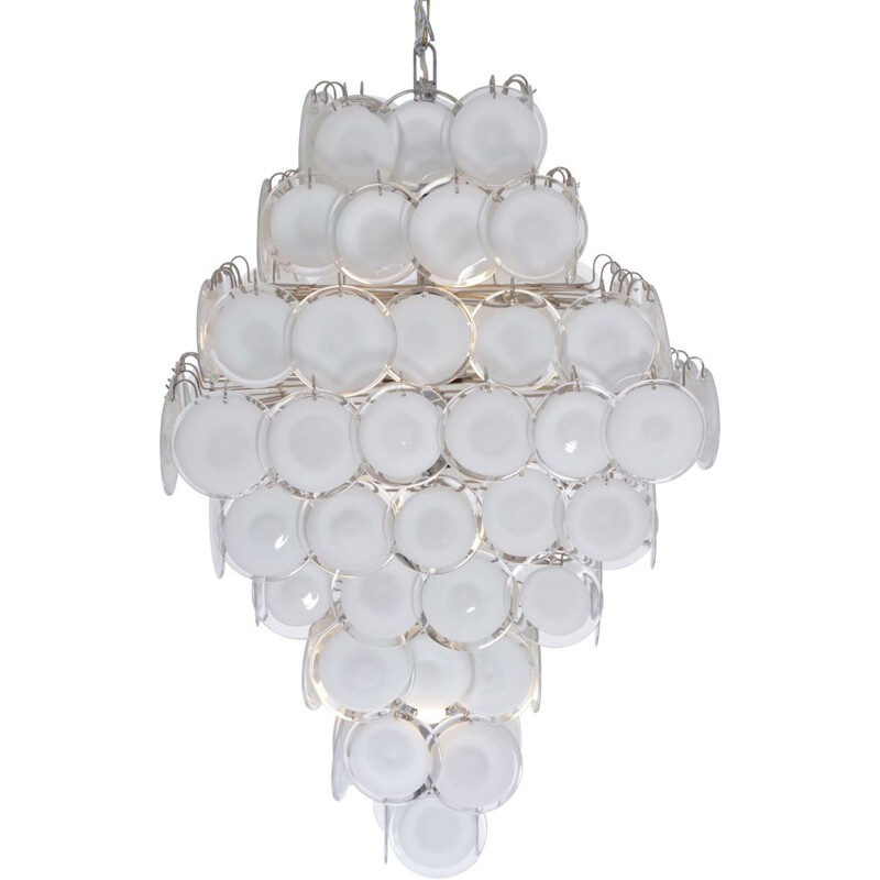Vintage chandelier with white Murano glass discs in the style of Gino Vistosi Italian