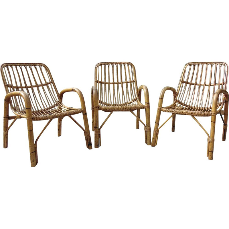 Set of 3 Vintage armchairs bamboo 1970s