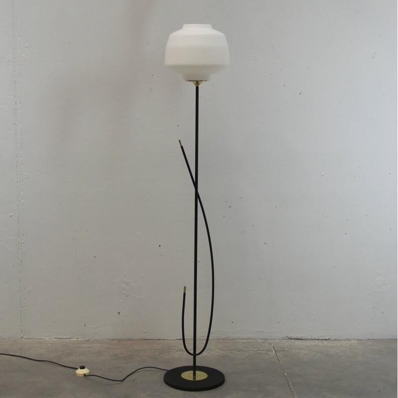 French mid-century floor lamp in opaline and iron - 1950s