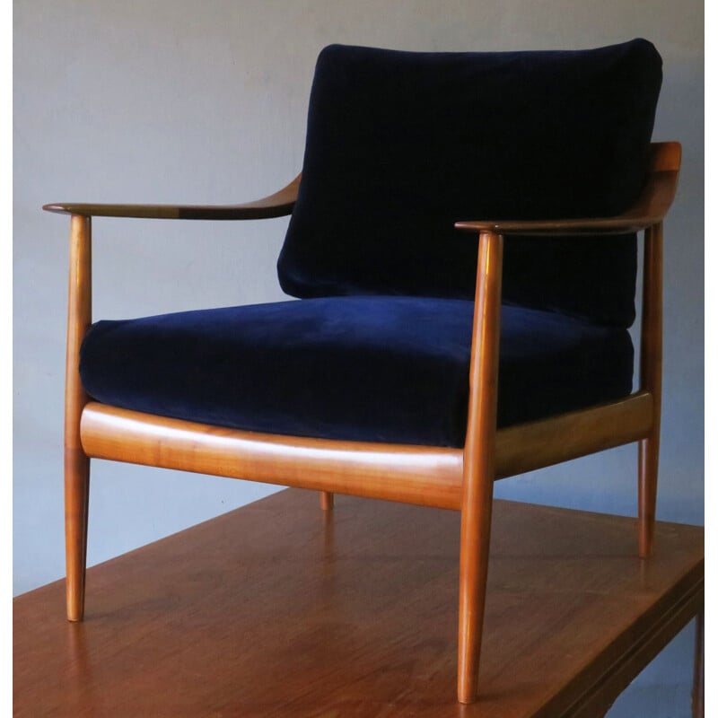 Vintage Blue Velvet Lounge Chair with Curved Back and Sprung Cushions