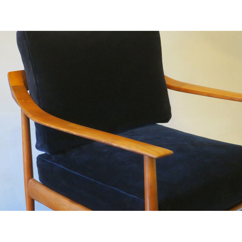 Vintage Blue Velvet Lounge Chair with Curved Back and Sprung Cushions