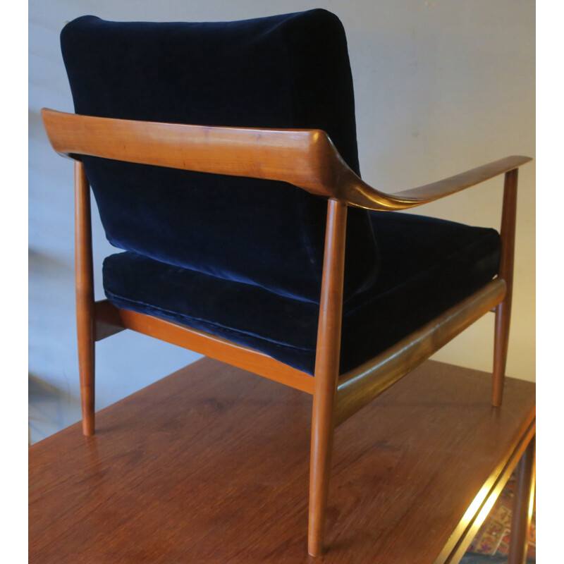 Vintage Blue Velvet Lounge Chair with Curved Back and Sprung Cushions