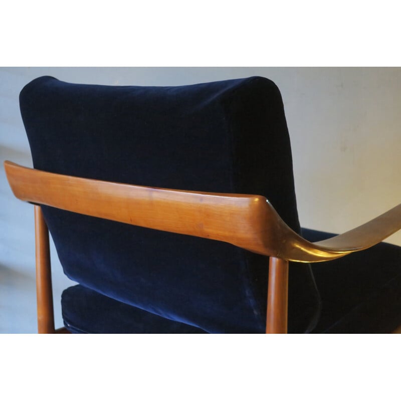 Vintage Blue Velvet Lounge Chair with Curved Back and Sprung Cushions