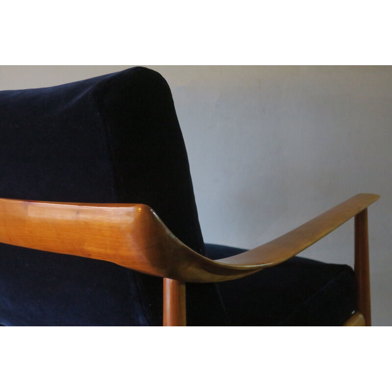 Vintage Blue Velvet Lounge Chair with Curved Back and Sprung Cushions