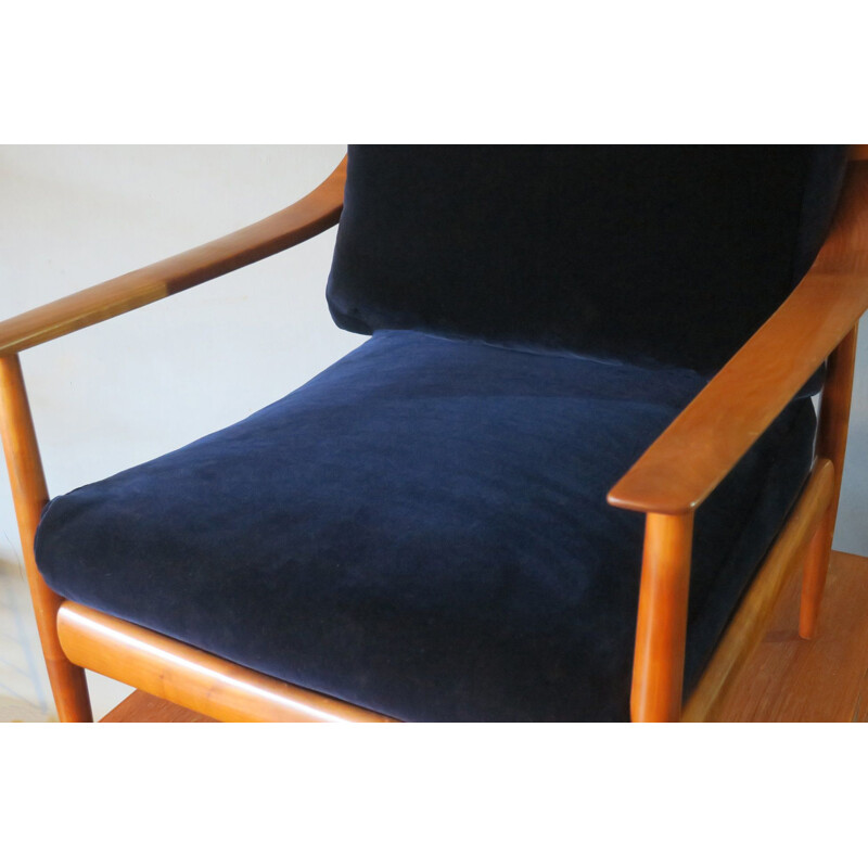 Vintage Blue Velvet Lounge Chair with Curved Back and Sprung Cushions