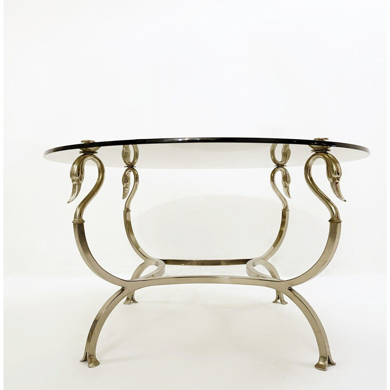 Vintage chrome steel Swan Coffee Table Original Maison Jansen smoked glass top 1950s