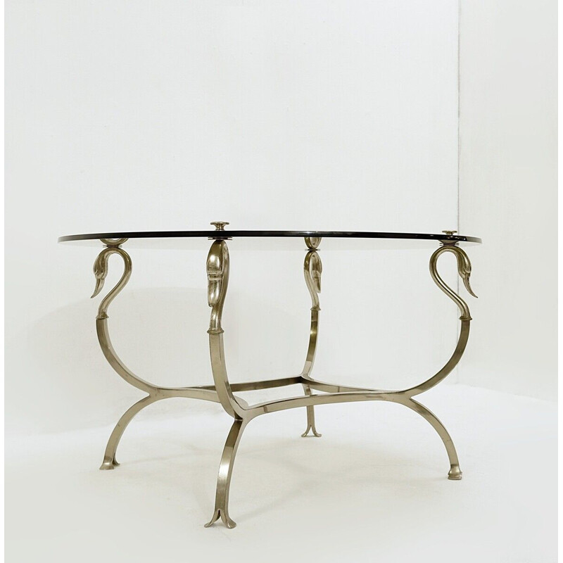 Vintage chrome steel Swan Coffee Table Original Maison Jansen smoked glass top 1950s