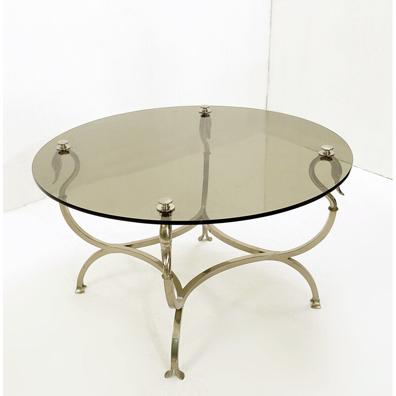 Vintage chrome steel Swan Coffee Table Original Maison Jansen smoked glass top 1950s