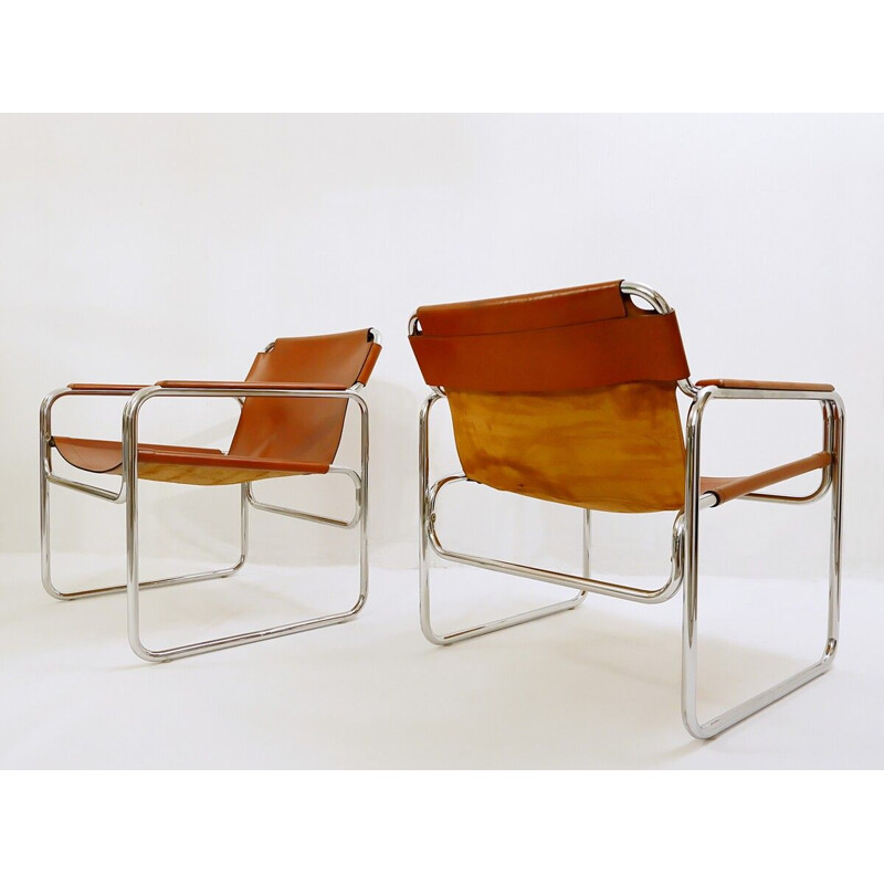 Vintage Jox Interni leather and tubular steel armchairs 1970s